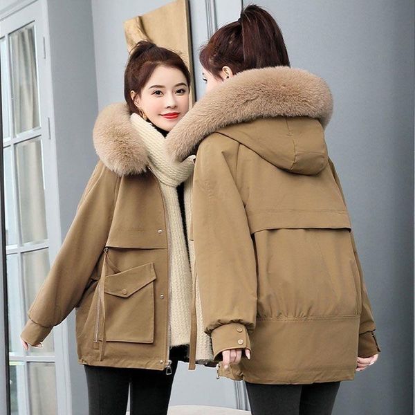

women's fur & faux medium and long plush thickened clothes 2021 winter korean version with thin waist large wool collar cotton coat, Black