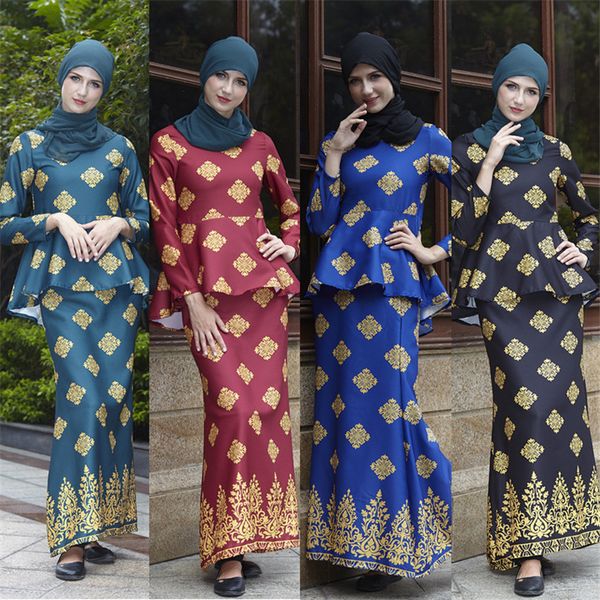 

2021 new newly islamic woman fashion clothing set long sleeve ruffle elegant muslim malaysia arab print ramadan abaya outfits r3w0, Red