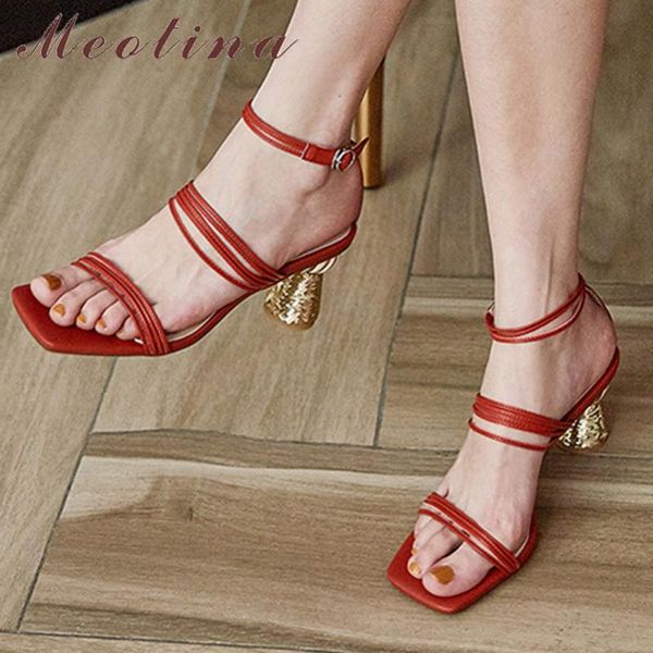 

dress shoes meotina narrow band sandals women real leather high heel square toe bling strange style heels lady summer red 40, Black