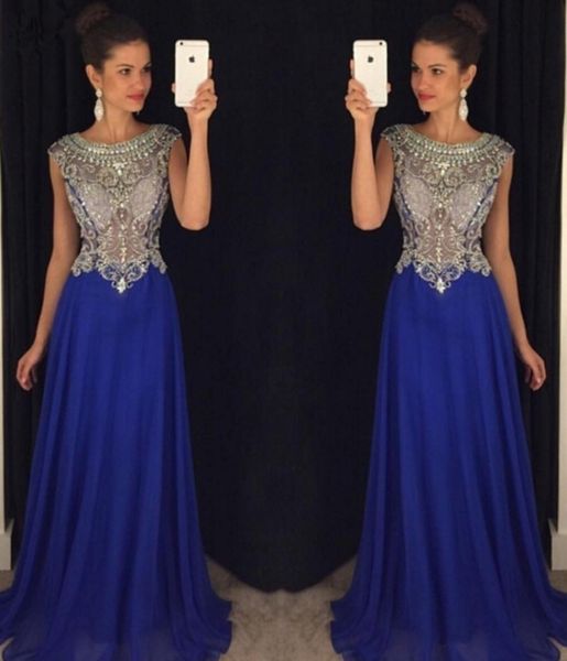 

new abendkleider 2021 royal blue sheer back a-line chiffon evening o-neck crystal pink prom gowns formal es vestidos kcjv, Black;red