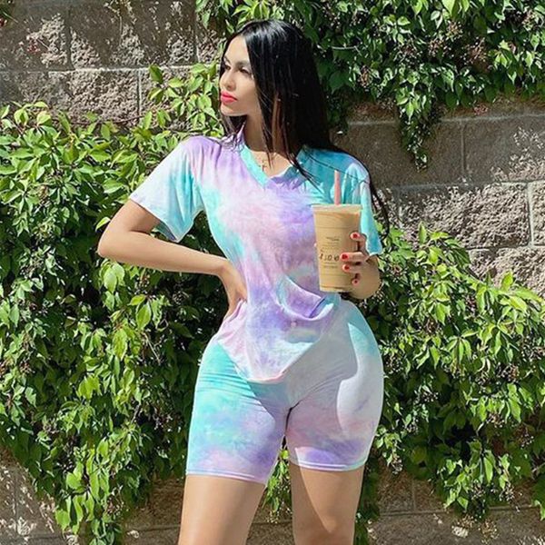 

2021 summer 2 tie dye short sleeve t shirt shorts set fashion two piece outfits sweat suits women cxi3, Gray