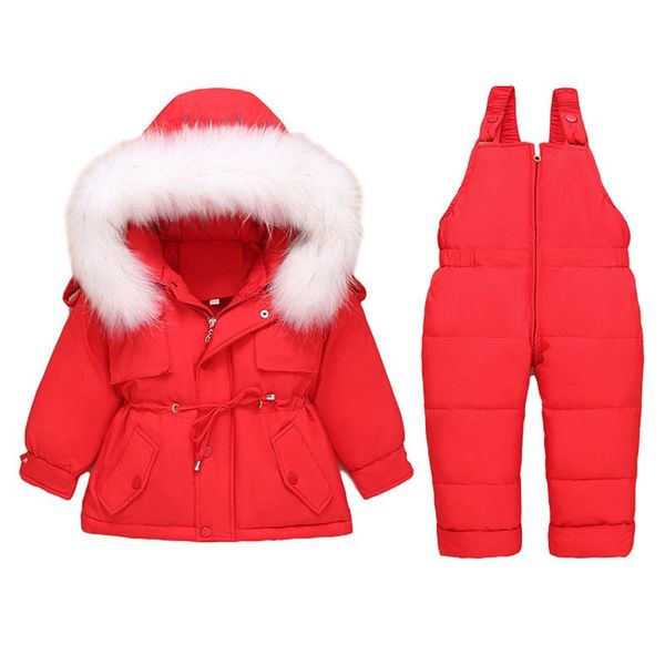 

clothing sets warm winter children baby ski suit snowsuits real fur girl down jackets outerwear coat+suspender jumpsuit, White