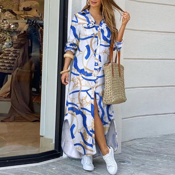 

new 2021 sleeve woman printed long es ladies turn-down collar loose slit asymmetric for women bp5l, Black;gray