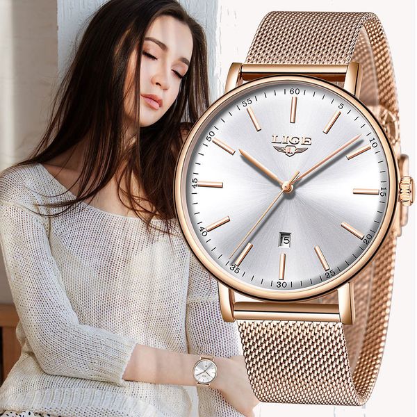 

lige womens watches brand luxury waterproof watch fashion ladies stainless steel ultra-thin casual wristwatch quartz clock 210310, Slivery;brown
