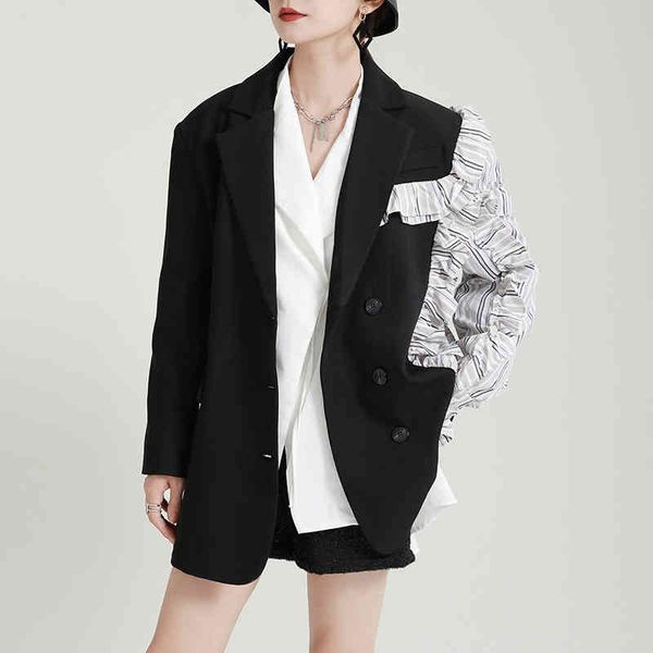 

women's suits & blazers [eam] women striped ruffles big size blazer lapel long sleeve loose fit jacket fashion spring autumn 2022 1de29, White;black