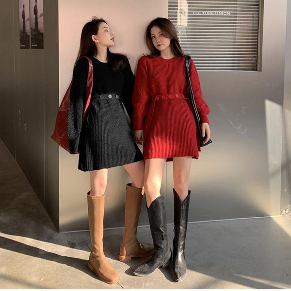 

casual dresses hfj christmas knitted autumn and winter korean loose waist sweater dress clothes korea ladies long sleeve, Black;gray
