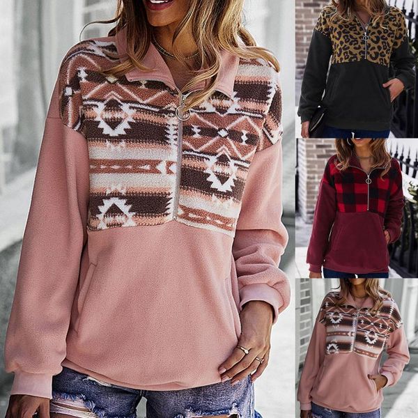 

women's hoodies & sweatshirts women fashion print 2021 autumn winter casual lapel half zipper fuzzy fleece long sleeve sweatshirt pullo, Black