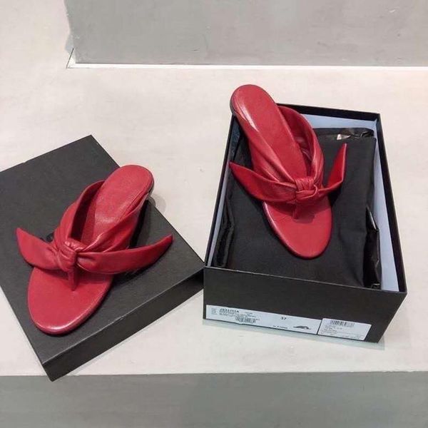 

slippers european summer flat designer bowtie-knot red black white leather mules heel dress beach shoes women