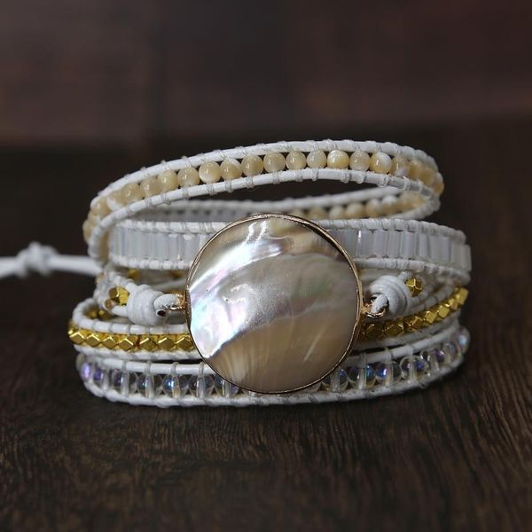 

tennis unique natural shell charm 5 strands wrap bracelets handmade beads braid leather bracelet for women jewelry, Golden;silver