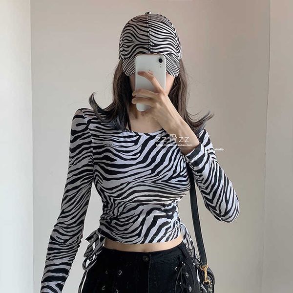 

womengaga autumn round neck side drawstring lace up irregular animal print zebra pattern temperament long sleeve t-shirt qivo 210603, White
