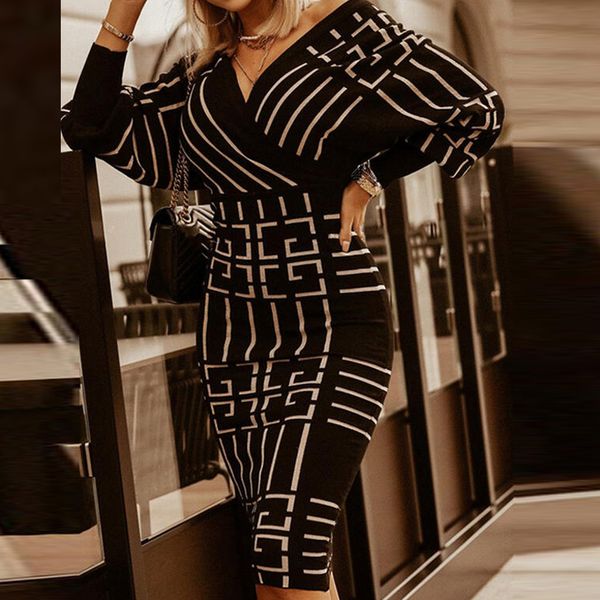 

2021 new slim v-neck striped printed women's dress elegant vintage high waist long sleeve dresses for women party vestidos, Black;gray