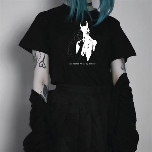 Kuakuayu HJN mulheres eu sou moneyer do que meus demônios t-shirt tumblr moda grunge estilo tee camisa satanic roupa gótica 210315