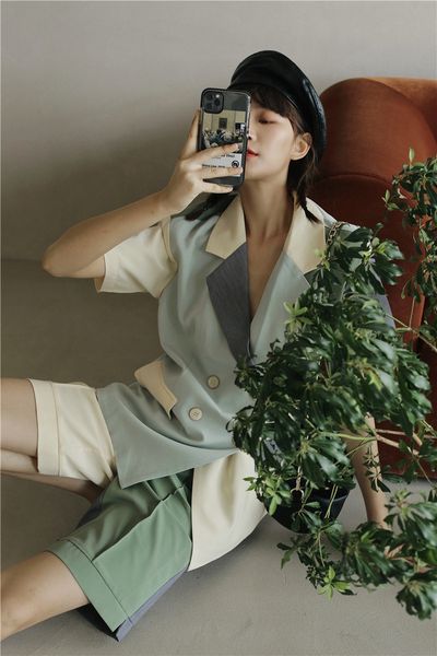 

2021 new color block green summer women short sleeve blazer suit jacket double breasted coat korean fashion g5be, White;black