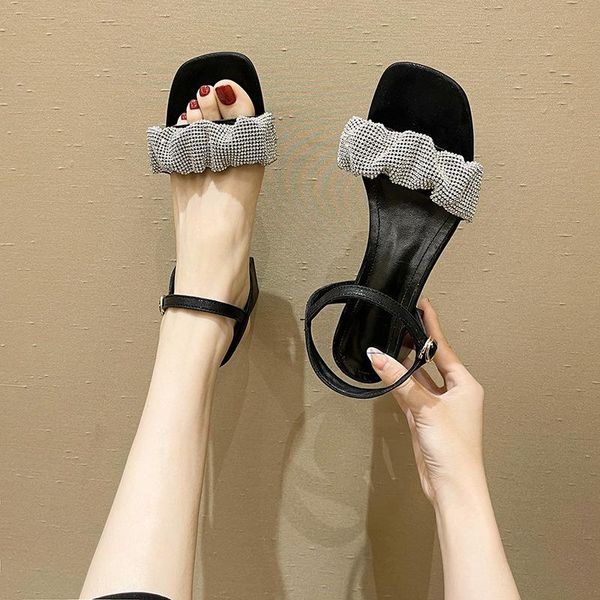 

sandals 34 35 36 37 38 39 women's open toe ladies 5cm high heels shoes 2021 summer fashion rhinestone wedges dress, Black
