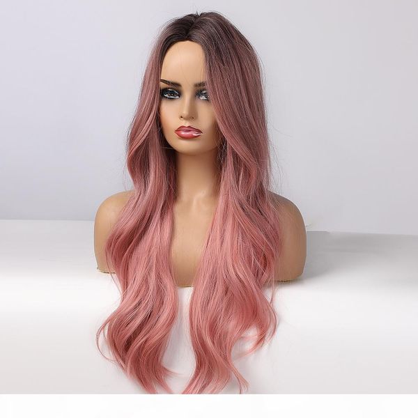 

long wavy synthetic wigs ombre black pink wigs for women cosplay natural middle part hair wig high temperature fiber