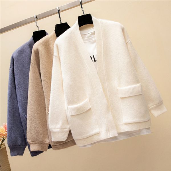 

2021 new women cardigan sweater autumn v neck solid loose knitwear casual knitted outwear winter jacket female coat esck, White;black