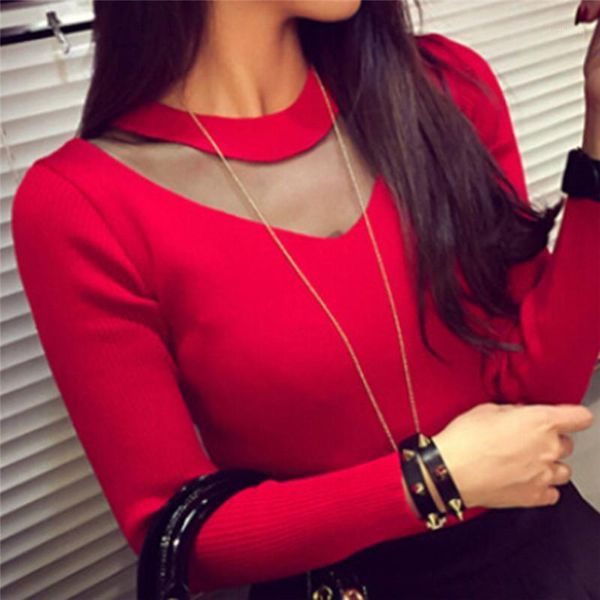 

women's sweaters fashion women long sleeve slim mesh sheer splicing knitwear shirts, White;black