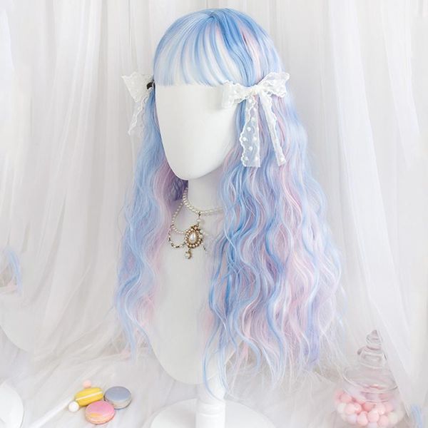 

synthetic wigs houyan gradient blue plus pink wig headgear female long curly hair hanayome harajuku lolita tea cosplay, Black