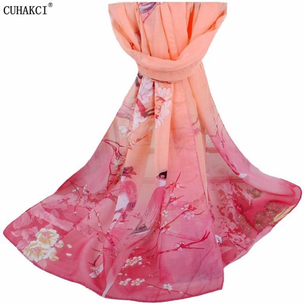 

scarves cuhakci 2021 spring summer women scarf pashmina chiffon shawl floral bird printed polyester stole elegant hijab 160*50cm, Blue;gray