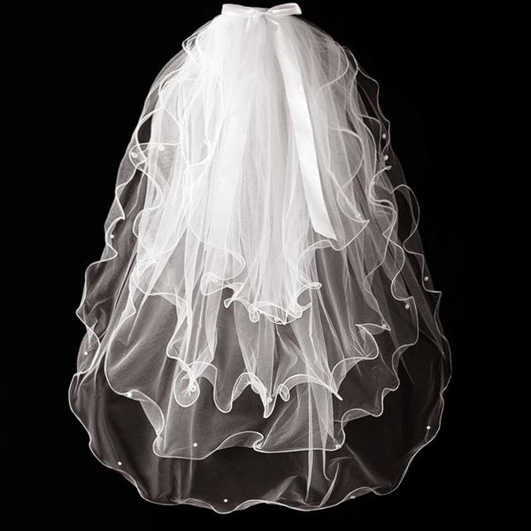 

bridal veils veil wedding dress short four-layer pearl bow curling beaded headdress po vintage, Black