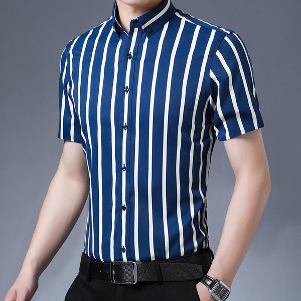 

men's casual shirts short sleeve summer man non-iron stretch slim striped pocketless button down soft square collar business shirt, White;black
