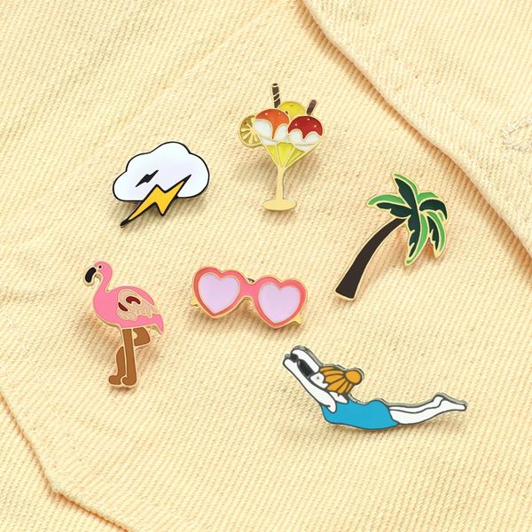 

cartoon enamel pins swiming girl coconut tree flamingo brooch women mental demin coat lepal pin holiday decoration badge jewelry, Blue