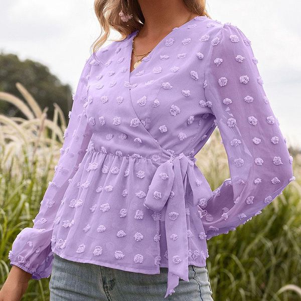 

women's blouses & shirts long sleeve ladies shirt summer v-neck pom drawstring bowknot blouse women chic solid chiffon y, White