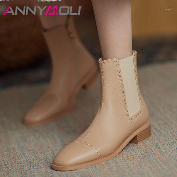 

boots annymoli rivet real leather mid heel ankle women shoes zip square toe block heels slip on short lady autumn winter1, Black