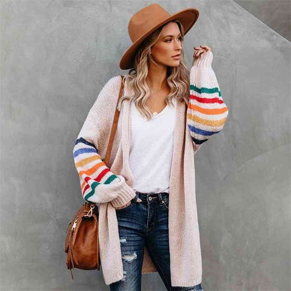 

fitshinling rainbow striped boho cardigan winter long coat female knitwear pink slim sweaters cardigans for women clothes 210918, White;black