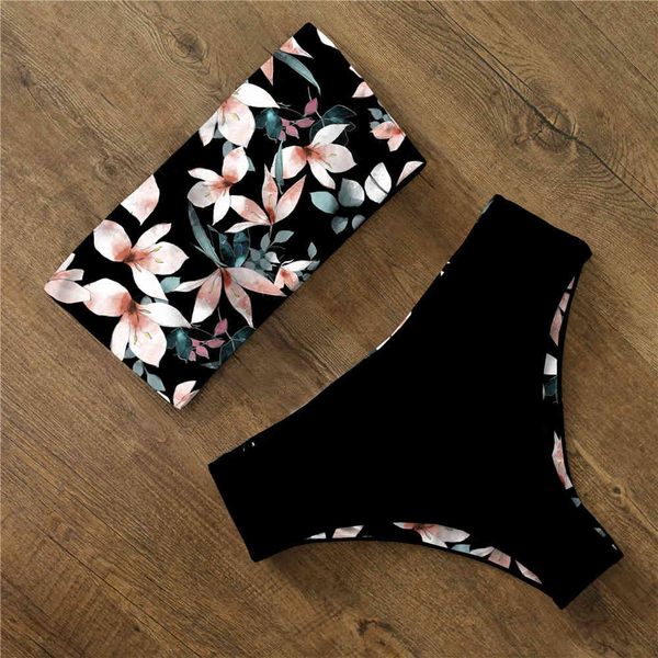 

swimwear bikini 2021 swimsuit women print high waist set back cross bandeau bathing suit female beach wear biquini, White;black