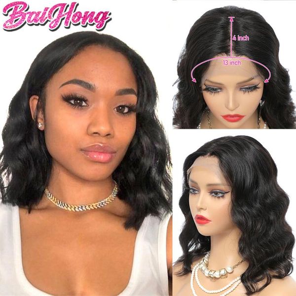 

lace wigs 13x4 body wave bob wig human hair frontal brazilian natural smoot pixie cut swiss with baby baihong, Black;brown