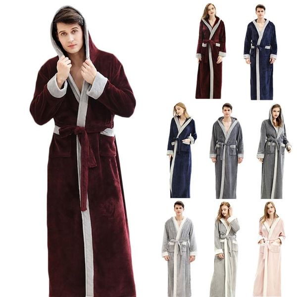 

women's sleepwear women men winter flannel hooded bathrobe contrast color full length kimono robe thick warm plush belted nightgown wit, Black;red