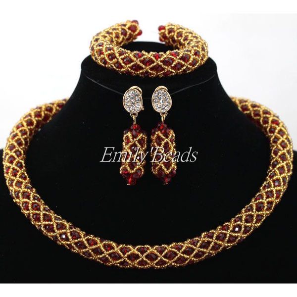 

earrings & necklace nigerian wedding african beads jewelry set burgundy wine crystal women costume gold seed plated alj384, Silver