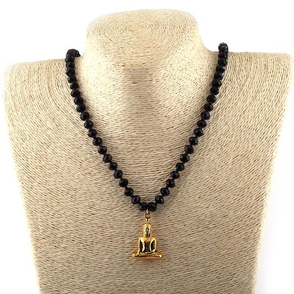 

pendant necklaces fashion bohemian tribal jewelry black crystal glass knotted buddha for women ethnic necklace, Silver