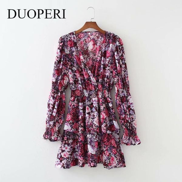 

casual dresses duoperi 2021 vintage floral printed dress women v neck long multi-layer sleeves elastic waist chic lady midi female robe, Black;gray