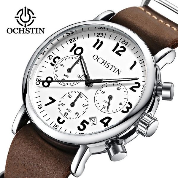 

wristwatches ochstin brand watch leather with three eye 6 pin fashion men watches supply, Slivery;brown