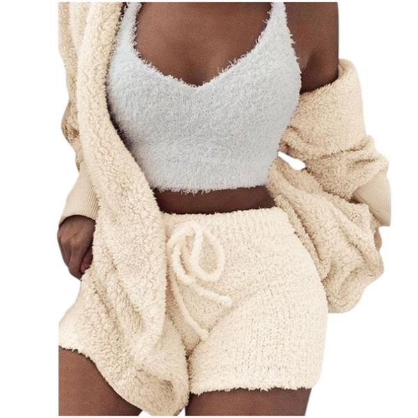 

two piece dress 2 shorts women outfits purple women's winter plush casual sportswear solid long sleeves set #cl3, White