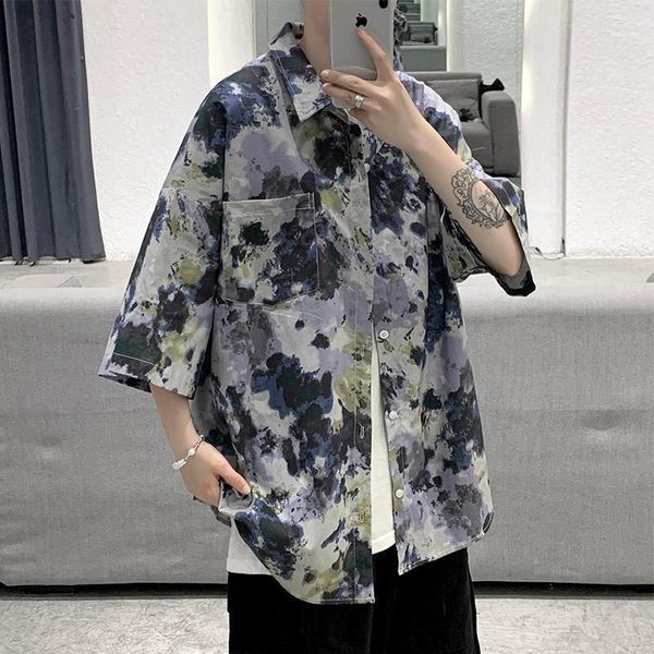 

men's casual shirts mens oversized tie dye for 2021 summer korean fashion hawaiian clothes teens loose fit button up blouses chic stree, White;black