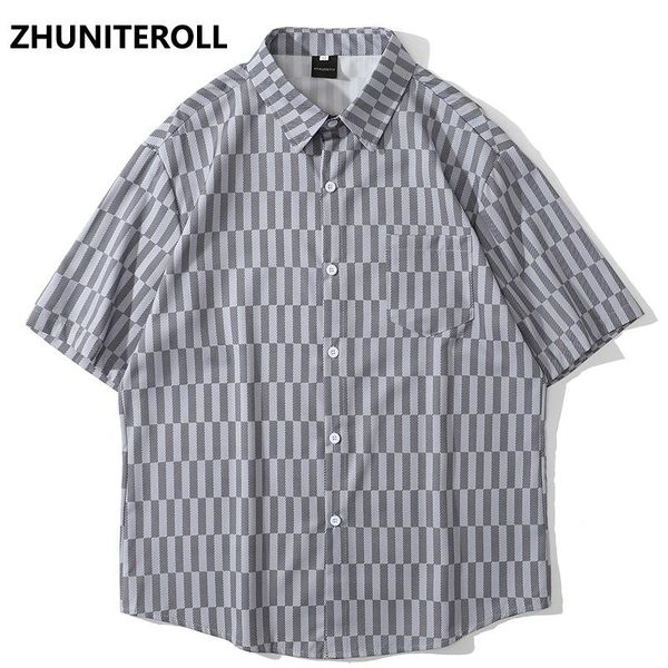 

men's casual shirts hip hop shirt men harajuku plaid graphic print summer beach pocket hawaiian short sleeve fashion streetwear clothi, White;black