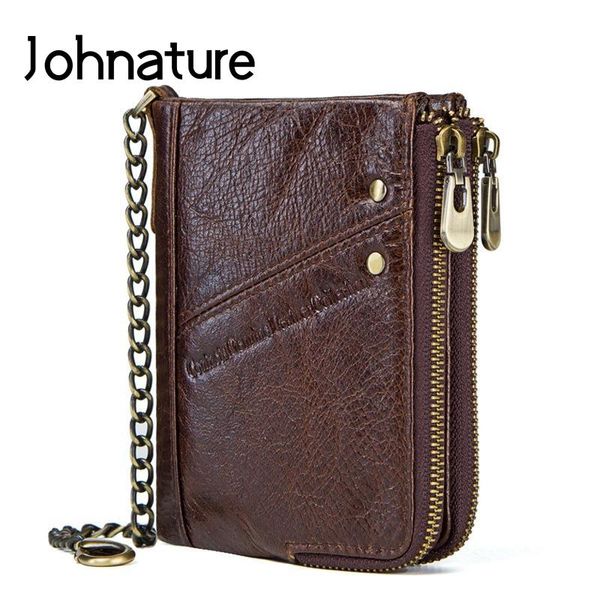 

wallets johnature 2021 genuine leather casual solid zipper hasp fashion short standard multi-card position men coin purse, Red;black