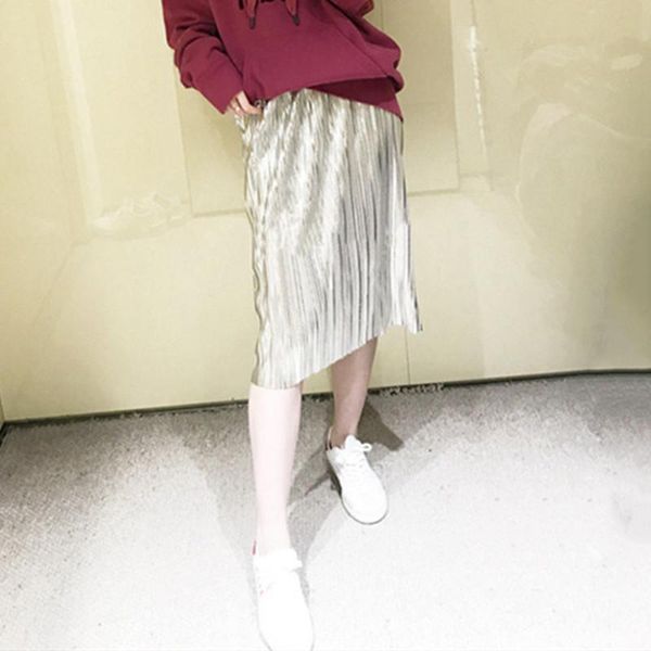 

skirts women pleated skirt 2021 fashion metallic luster sequined elastic waist jupe femme, Black