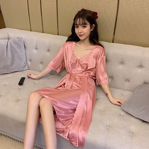 

2021 new spring summer silk long women v-neck pink robe kimono bath ladies sleepwear sleepshirts bathrobe q50w, Black;red