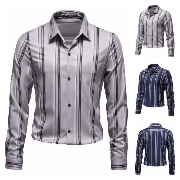 

men's casual shirts 2021 spring autumn striped single breasted loose business long sleeve, White;black