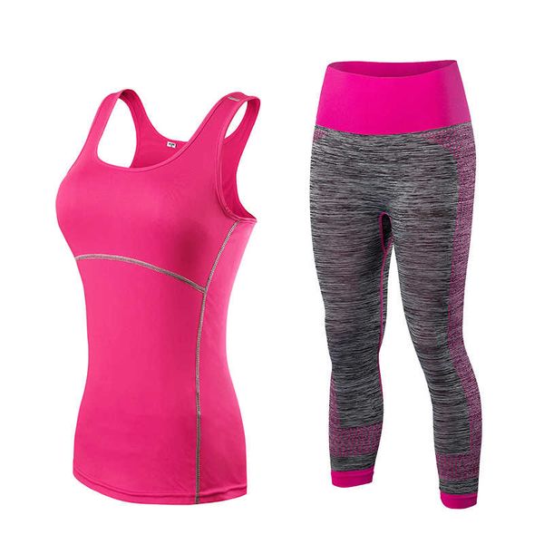 

new women quick dry sports clothing gym leggings + t-shirt costume fitness panty sport pack green yoga set training bag, Gray