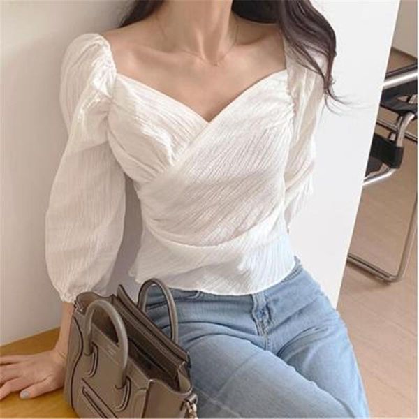 

2021 new arrivals minimalist temperament v-neck blouse shirt female temperament long-sleeved slim pullovers, White