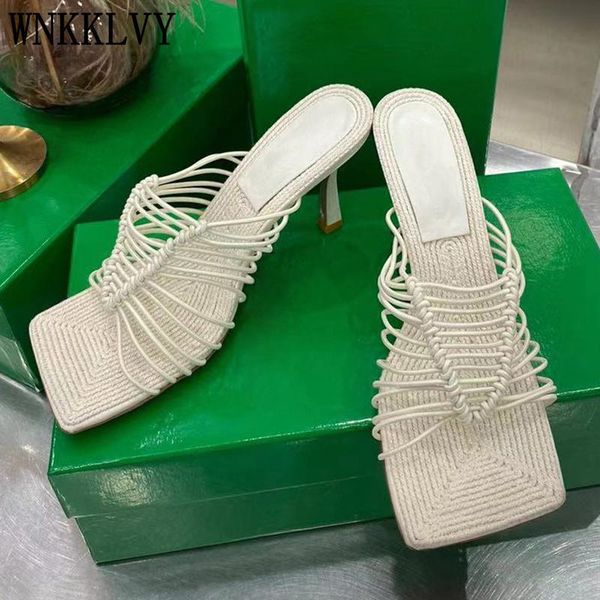 

slippers runway square toe thin high heels sandals women knotted net rope insole sandalias summer party dress shoes female 2021, Black
