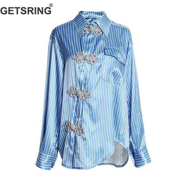 

getsring women blouses retro irregular stripe shirts long sleeve inclined button blue shirt asymmetrical 210601, White