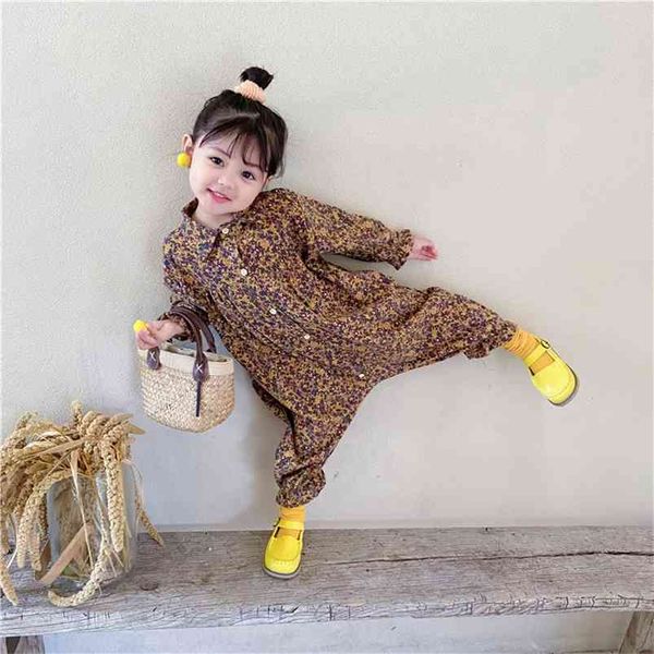 Ragazze Tuta Abbigliamento per bambini Autunno Bambino Casual Utensili floreali per bambini Abbigliamento per bambini Stile coreano giapponese 1-6 Y 210625