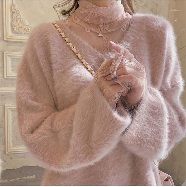 

women's sweaters sweater women 2021 slouchy loose outside wear with pullover v-neck mink cashmere jns017, White;black