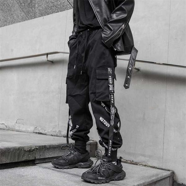 

houzhou black cargo pants men joggers cargo trousers for men jogging japanese streetwear hip hop hippie techwear gothic ribbon 211110